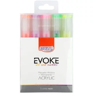 Marcadores Artísticos Permanentes, de Pintura Acrílica, BRW Evoke, Set de 5 Colores Neón