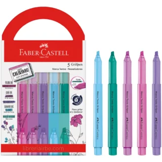Resaltadores con Aromas, Faber-Castell Grifpen, Punta Biselada, Caja de 5 Colores, Revitaliza y Ener
