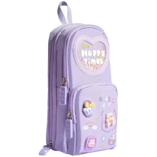 Estuchera Tipo Mochila, Kawaii, de 3 Compartimientos, con Cierres, Happy Times - Lila