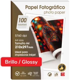 Papel Fotográfico, Brillante (Glossy), Tamaño A4, para Imprimir, 110 g-m², Paquete de 100 Hojas