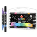 Marcadores Doble Punta Pincel, con Glitter, en Estuche de Plástico, Set de 12 Piezas (24 Colores)