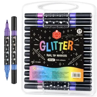 Marcadores Doble Punta Pincel, con Glitter, en Estuche de Plástico, Set de 24 Piezas (48 Colores)