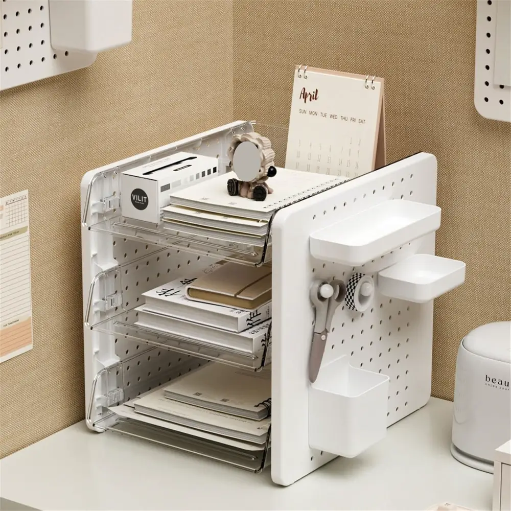 Organizador, Portapapeles de Escritorio, de Acrílico, MaxOffice, Blanco, con 3 Bandejas Transparentes + Accesorios - Imagen 2