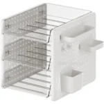 Organizador, Portapapeles de Escritorio, de Acrílico, MaxOffice, Blanco, con 3 Bandejas Transparentes + Accesorios