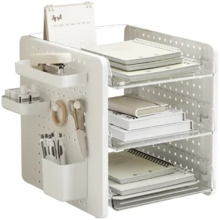Organizador, Portapapeles de Escritorio, de Acrílico, MaxOffice, Blanco, con 3 Bandejas Transparentes + Accesorios - Imagen 3
