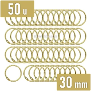 Anillo de Metal, Argolla Metálica para Encuadernar, Bolsa de 50 Piezas, Diámetro de 30 mm, Dorado