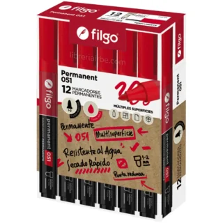 Marcador Permanente Filgo 051, Punta Redonda de 1-2 mm, Caja de 12 Piezas, Rojo