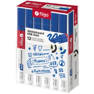 Marcador de Agua para Pizarra Blanca, Filgo 058, Punta Redonda de 1-2 mm, Caja de 12 Piezas, Azul