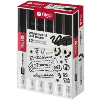 Marcador de Agua para Pizarra Blanca, Filgo 058, Punta Redonda de 1-2 mm, Caja de 12 Piezas, Negro