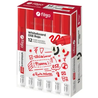 Marcador de Agua para Pizarra Blanca, Filgo 058, Punta Redonda de 1-2 mm, Caja de 12 Piezas, Rojo